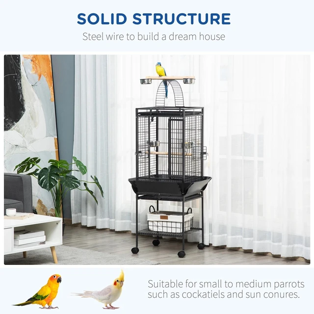 Alt view image 3 of 7 - 61.5" Bird Parakeet Cage with Play Top Rolling Stand Storage Shelf Wood Perch