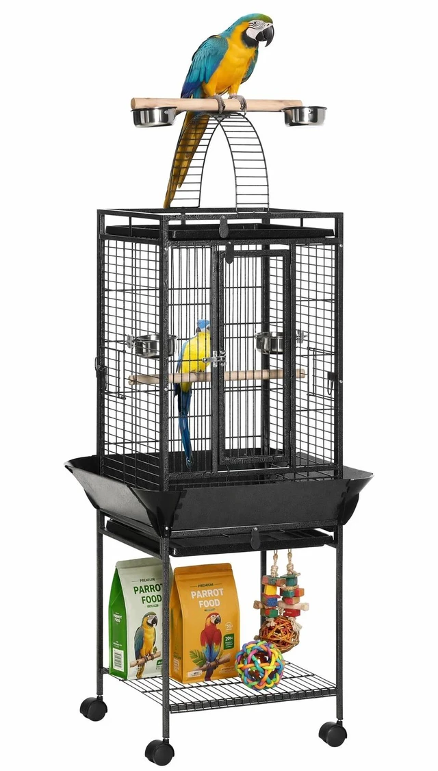 Main image of 61.5" Bird Parakeet Cage with Play Top Rolling Stand Storage Shelf Wood Perch