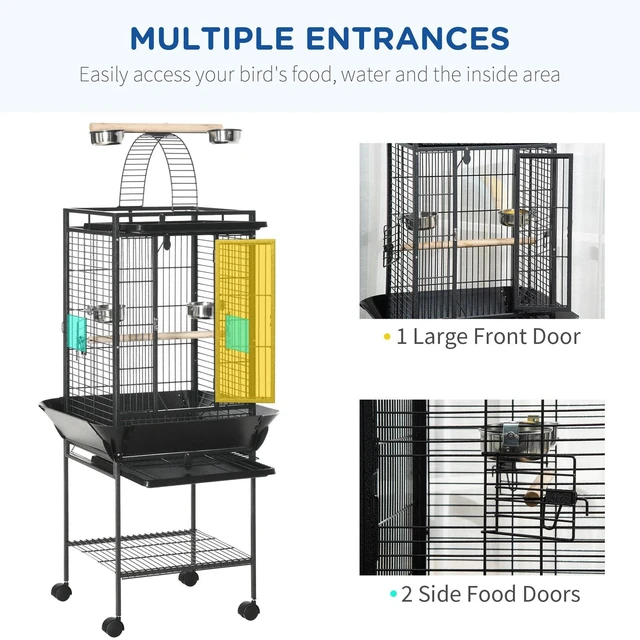 Alt view image 5 of 7 - 61.5" Bird Parakeet Cage with Play Top Rolling Stand Storage Shelf Wood Perch