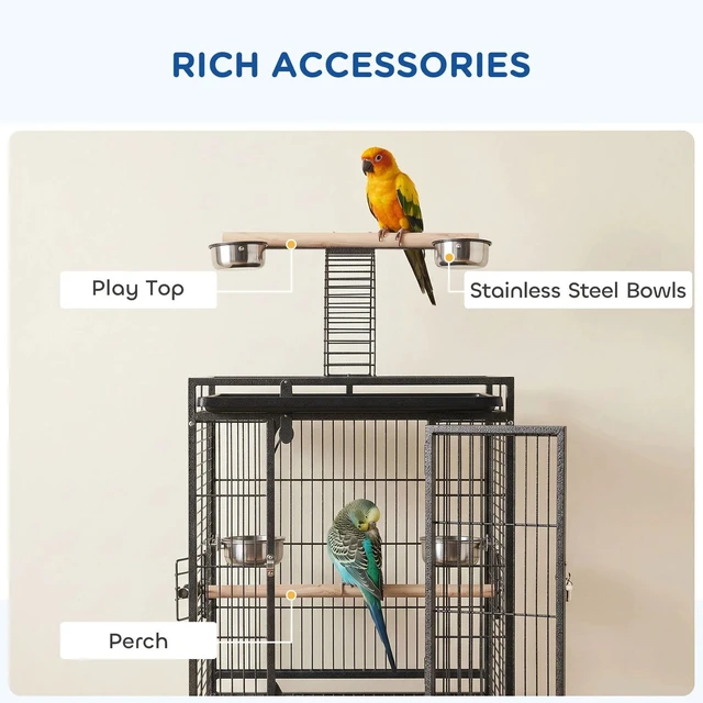 Alt view image 6 of 7 - 61.5" Bird Parakeet Cage with Play Top Rolling Stand Storage Shelf Wood Perch