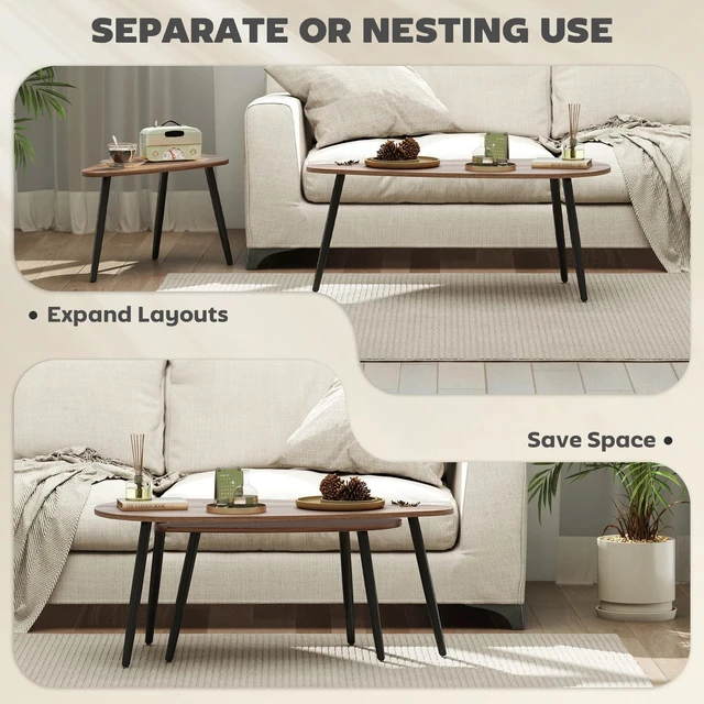 Alt view image 5 of 7 - Nesting Coffee Tables Set of 2, End Tables with Steel Legs, Brown