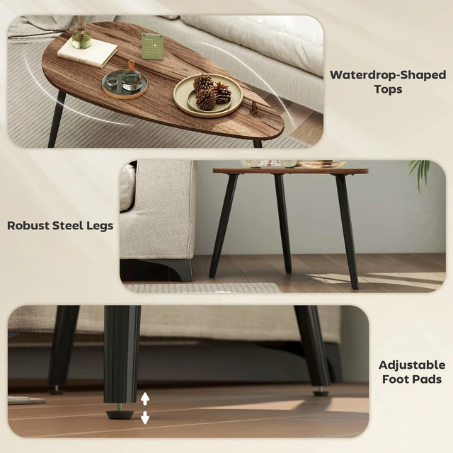 Alt view image 4 of 7 - Nesting Coffee Tables Set of 2, End Tables with Steel Legs, Brown