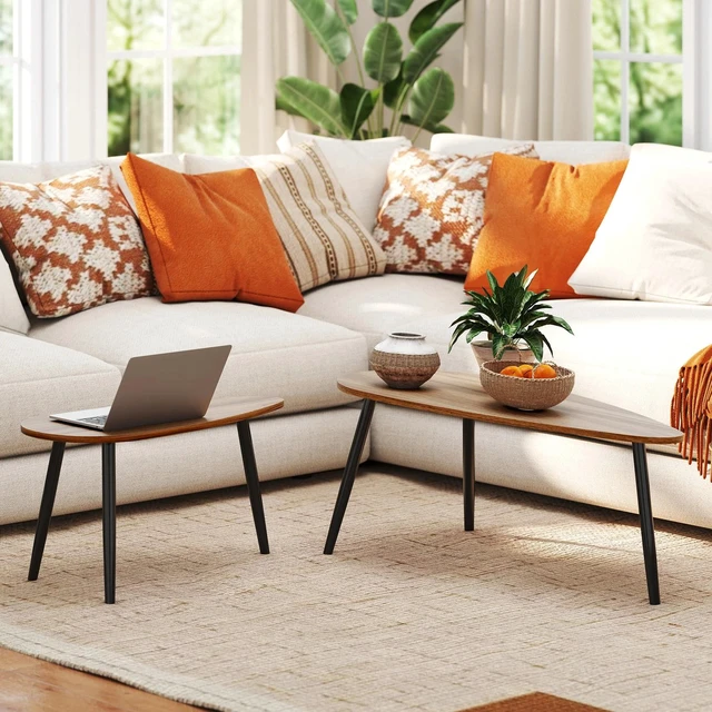 Alt view image 6 of 7 - Nesting Coffee Tables Set of 2, End Tables with Steel Legs, Brown