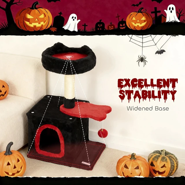 Alt view image 4 of 7 - 28" Gothic Cat Tree Tower with Plush Top Bed, Red & Black