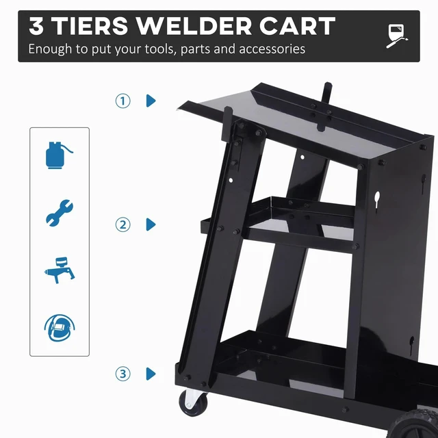 Alt view image 5 of 7 - 3 Tier Welding Cart Universal Storage for Tanks Gas Bottles Safety Chain Black