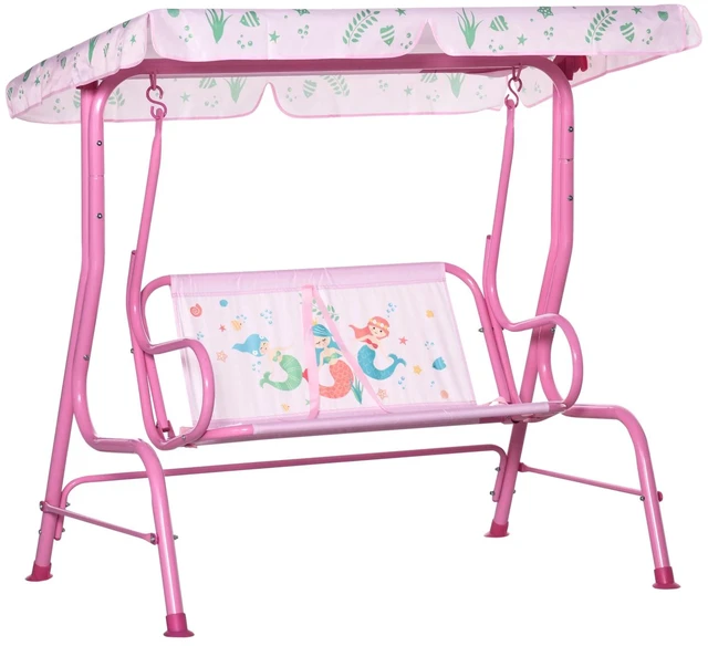 Main image of 2-Seat Kids Patio Canopy Swing, w/ Adjustable Awning, Seat Belt, Mermaid Pattern