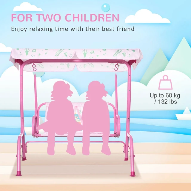 Alt view image 5 of 7 - 2-Seat Kids Patio Canopy Swing, w/ Adjustable Awning, Seat Belt, Mermaid Pattern