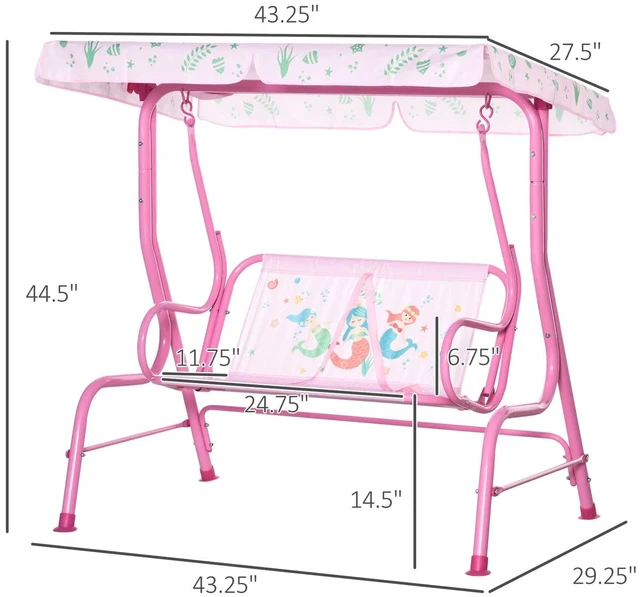Alt view image 2 of 7 - 2-Seat Kids Patio Canopy Swing, w/ Adjustable Awning, Seat Belt, Mermaid Pattern