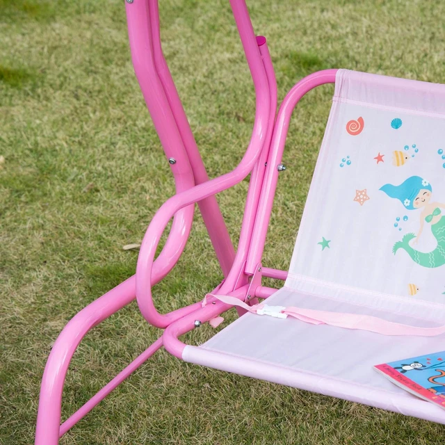 Alt view image 7 of 7 - 2-Seat Kids Patio Canopy Swing, w/ Adjustable Awning, Seat Belt, Mermaid Pattern