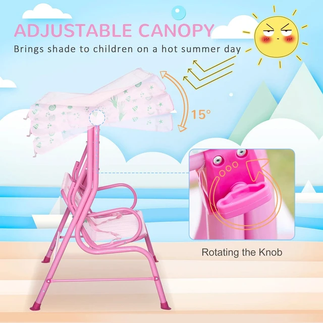 Alt view image 4 of 7 - 2-Seat Kids Patio Canopy Swing, w/ Adjustable Awning, Seat Belt, Mermaid Pattern