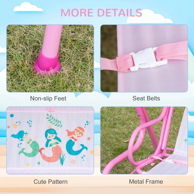 Alt view image 6 of 7 - 2-Seat Kids Patio Canopy Swing, w/ Adjustable Awning, Seat Belt, Mermaid Pattern