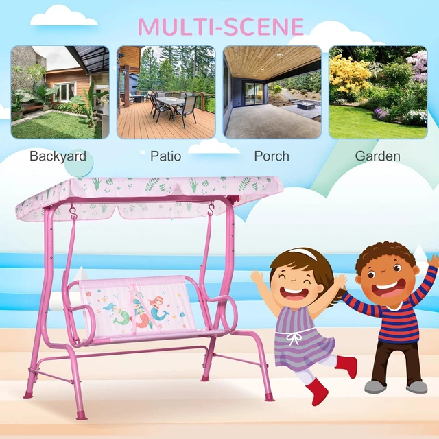 Alt view image 3 of 7 - 2-Seat Kids Patio Canopy Swing, w/ Adjustable Awning, Seat Belt, Mermaid Pattern