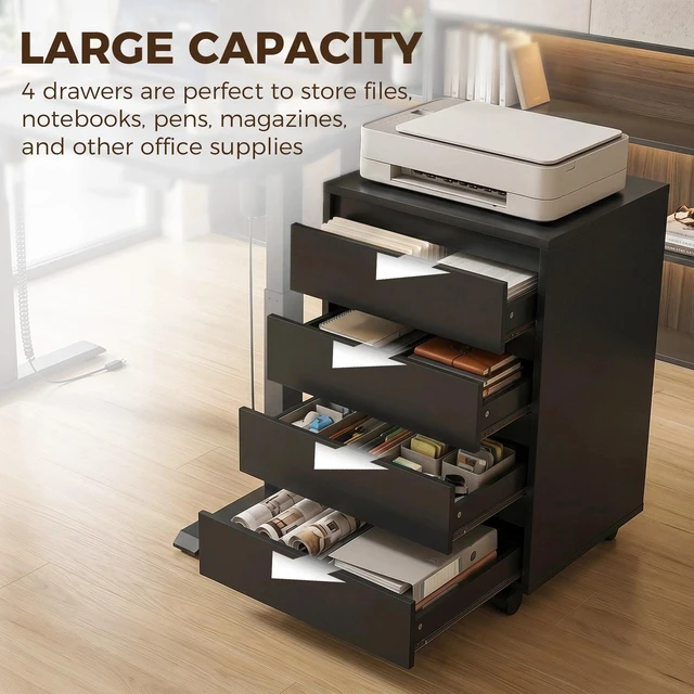 Alt view image 4 of 7 - 4 Drawer File Cabinet, Filing Cabinet with Lockable Wheels, Black