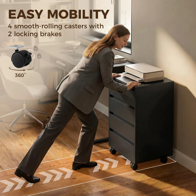 Alt view image 7 of 7 - 4 Drawer File Cabinet, Filing Cabinet with Lockable Wheels, Black