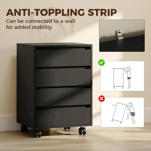 Alt view image 5 of 7 - 4 Drawer File Cabinet, Filing Cabinet with Lockable Wheels, Black