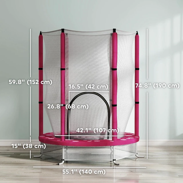 Alt view image 2 of 7 - 4.6ft Kids Trampoline w/ Safety Enclosure net, for Indoor Outdoor, Pink