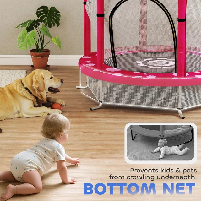 Alt view image 3 of 7 - 4.6ft Kids Trampoline w/ Safety Enclosure net, for Indoor Outdoor, Pink
