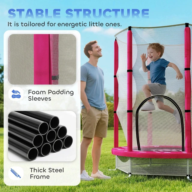 Alt view image 5 of 7 - 4.6ft Kids Trampoline w/ Safety Enclosure net, for Indoor Outdoor, Pink