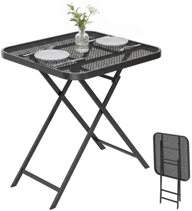 Main image of Folding Outdoor Dining Table, Grid Rattan-Like End Table, Black