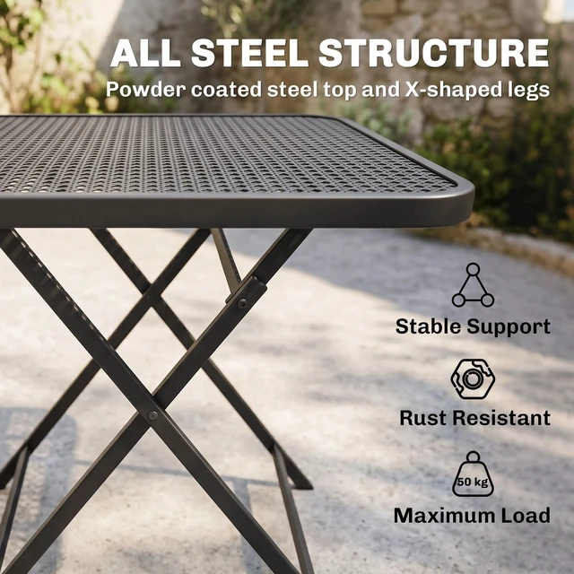 Alt view image 3 of 7 - Folding Outdoor Dining Table, Grid Rattan-Like End Table, Black