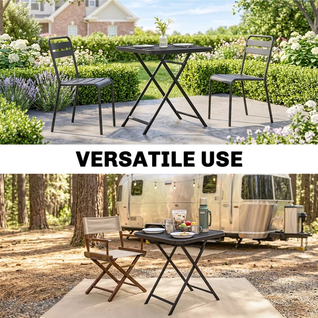 Alt view image 5 of 7 - Folding Outdoor Dining Table, Grid Rattan-Like End Table, Black