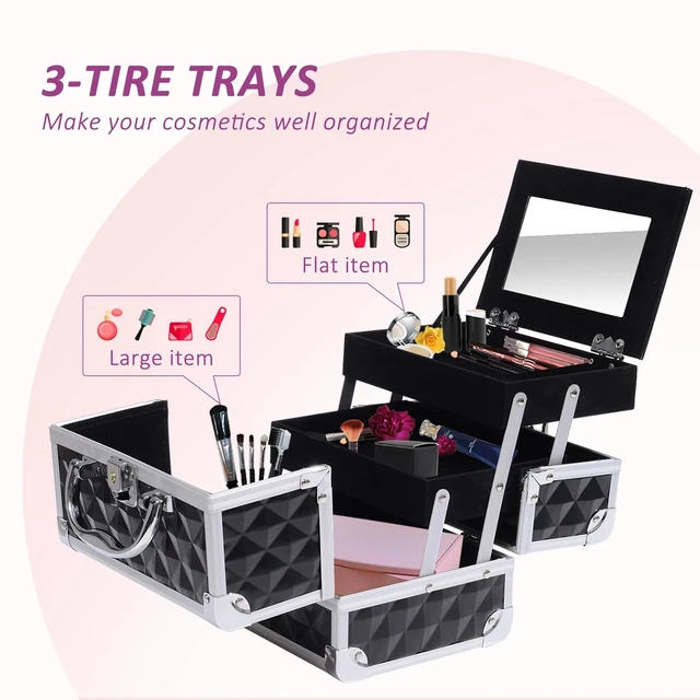 Alt view image 6 of 7 - Makeup Train Case Aluminum 3 Tiers Cosmetic Jewelry Organizer W/Mirror