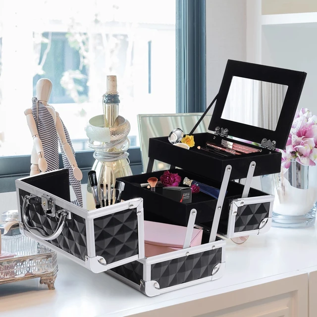 Alt view image 3 of 7 - Makeup Train Case Aluminum 3 Tiers Cosmetic Jewelry Organizer W/Mirror