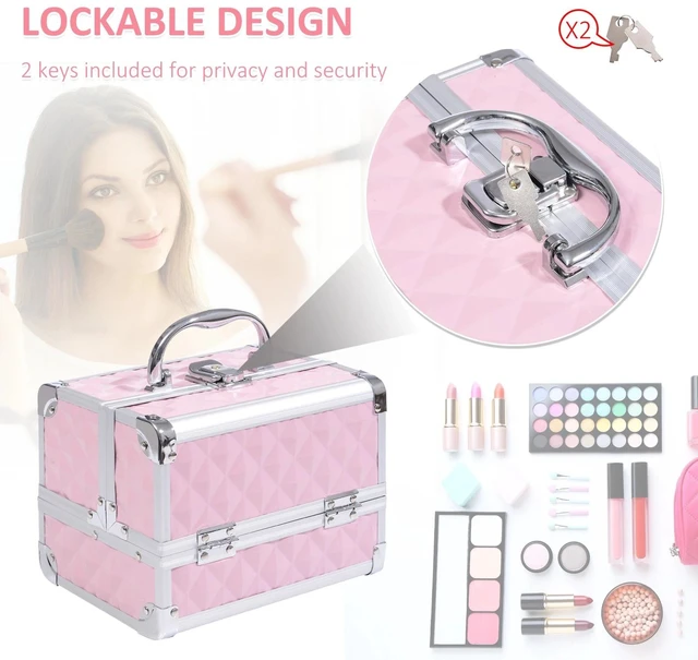 Alt view image 3 of 7 - 3 Tiers Makeup Train Case Cosmetic Organizer Jewelry Storage Mirror Pink