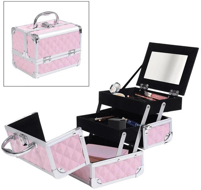 Alt view image 7 of 7 - 3 Tiers Makeup Train Case Cosmetic Organizer Jewelry Storage Mirror Pink