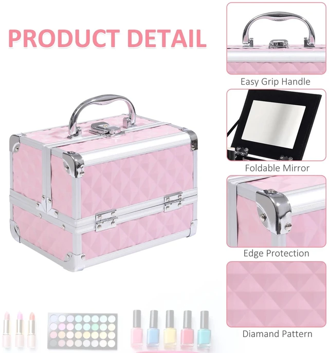 Alt view image 4 of 7 - 3 Tiers Makeup Train Case Cosmetic Organizer Jewelry Storage Mirror Pink