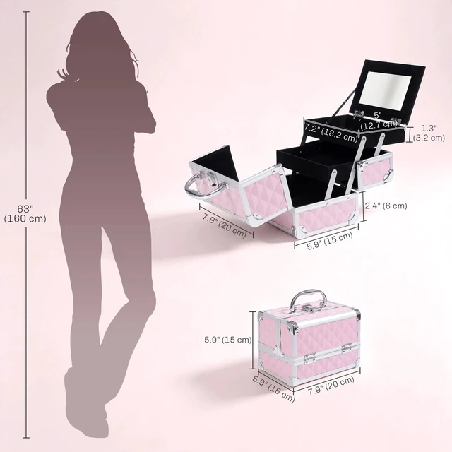 Alt view image 2 of 7 - 3 Tiers Makeup Train Case Cosmetic Organizer Jewelry Storage Mirror Pink