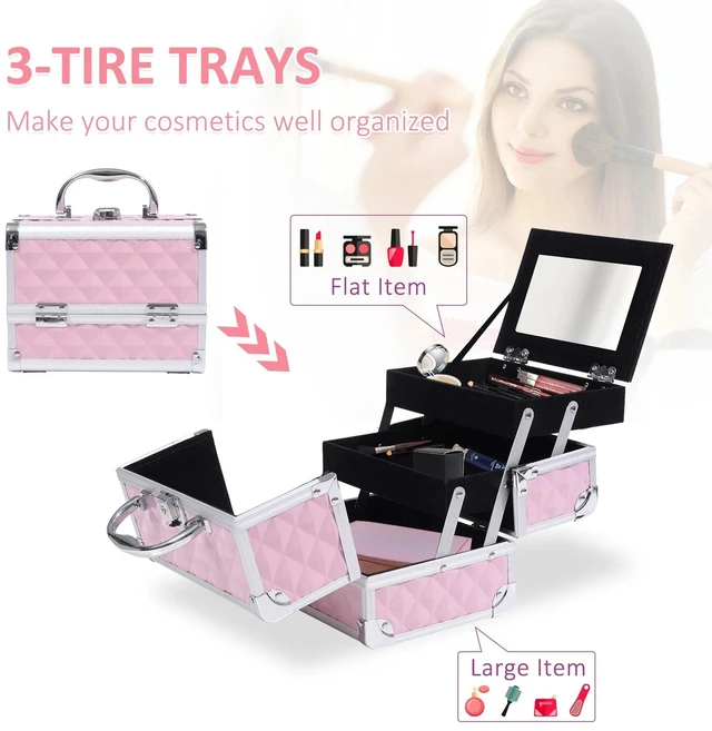 Alt view image 6 of 7 - 3 Tiers Makeup Train Case Cosmetic Organizer Jewelry Storage Mirror Pink