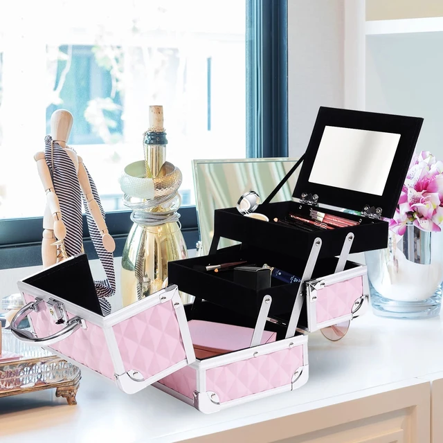 Alt view image 5 of 7 - 3 Tiers Makeup Train Case Cosmetic Organizer Jewelry Storage Mirror Pink