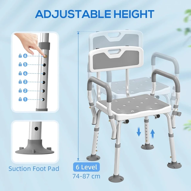 Alt view image 7 of 7 - EVA Padded Shower Chair w/ Arms and Back for Seniors Disabled Tool-Free Assembly