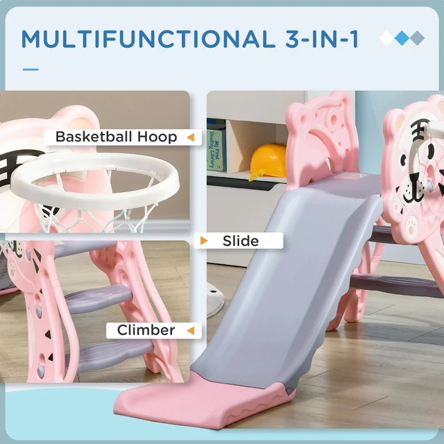Alt view image 7 of 7 - 3 in 1 Toddler Slide for Indoor with Basketball Hoop, Pink