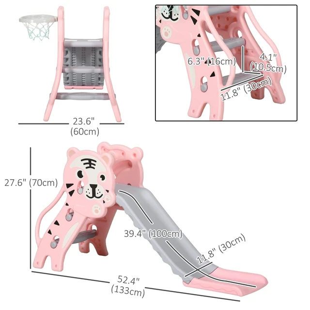 Alt view image 2 of 7 - 3 in 1 Toddler Slide for Indoor with Basketball Hoop, Pink