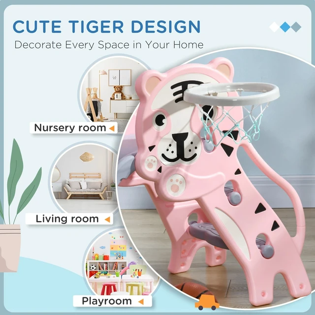 Alt view image 5 of 7 - 3 in 1 Toddler Slide for Indoor with Basketball Hoop, Pink