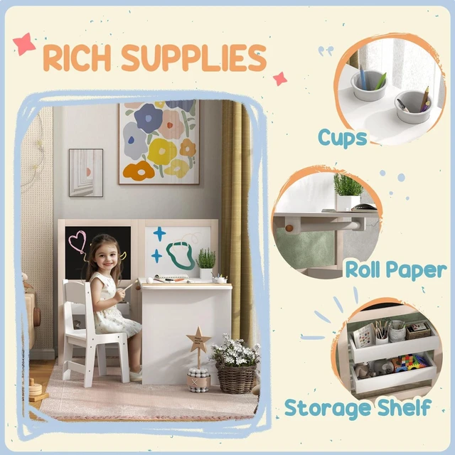 Alt view image 3 of 7 - 3 in 1 Kids Table and Chair Set with Foldable Easel, White