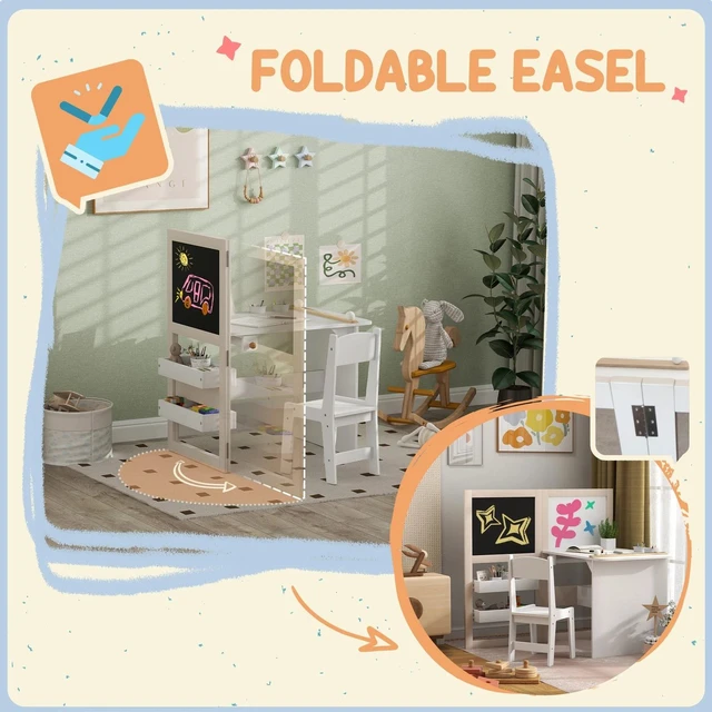 Alt view image 5 of 7 - 3 in 1 Kids Table and Chair Set with Foldable Easel, White