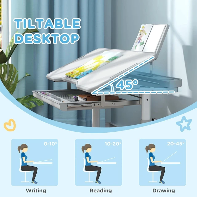 Alt view image 5 of 7 - Height Adjustable Kids Desk and Chair Set w/ Drawer, Grey