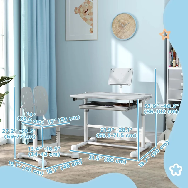 Alt view image 3 of 7 - Height Adjustable Kids Desk and Chair Set w/ Drawer, Grey