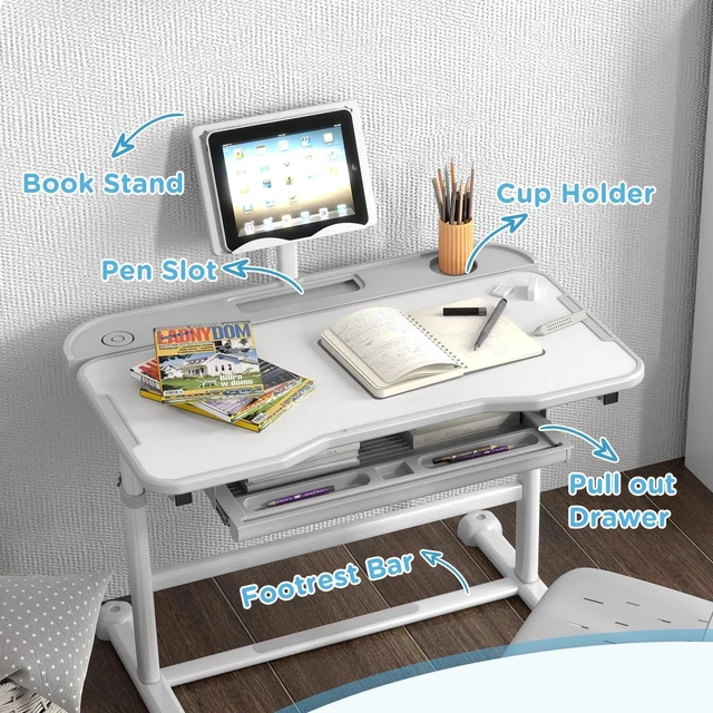 Alt view image 4 of 7 - Height Adjustable Kids Desk and Chair Set w/ Drawer, Grey