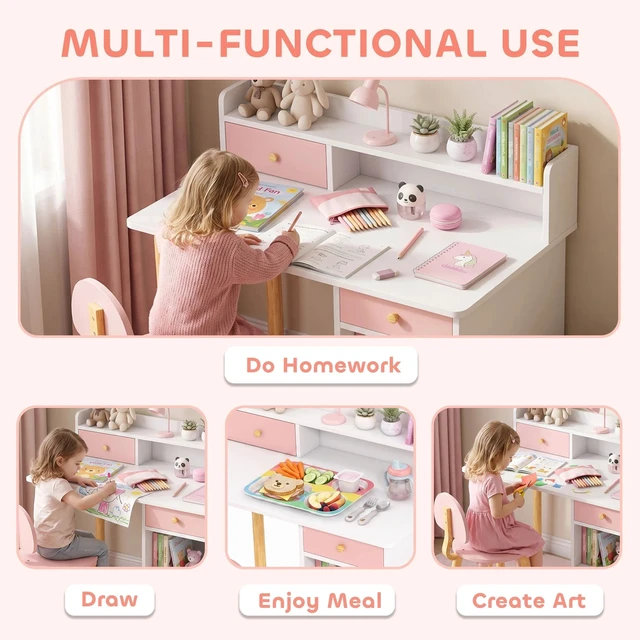 Alt view image 2 of 7 - Kids Desk and Chair Set with Storage and Shelves Pink