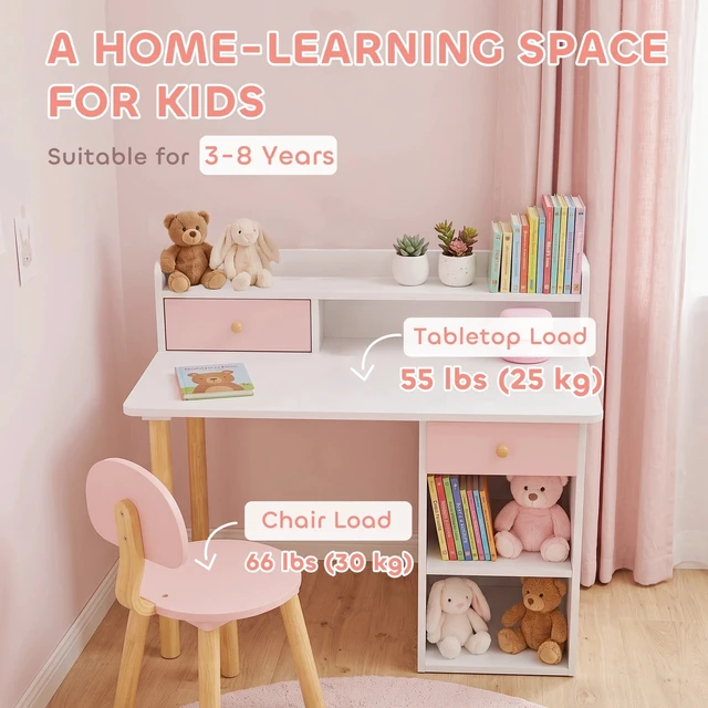 Alt view image 4 of 7 - Kids Desk and Chair Set with Storage and Shelves Pink