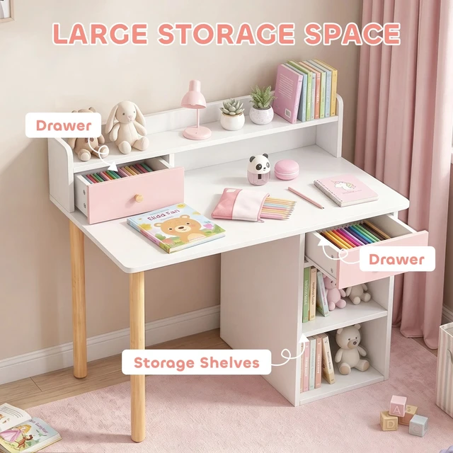 Alt view image 5 of 7 - Kids Desk and Chair Set with Storage and Shelves Pink