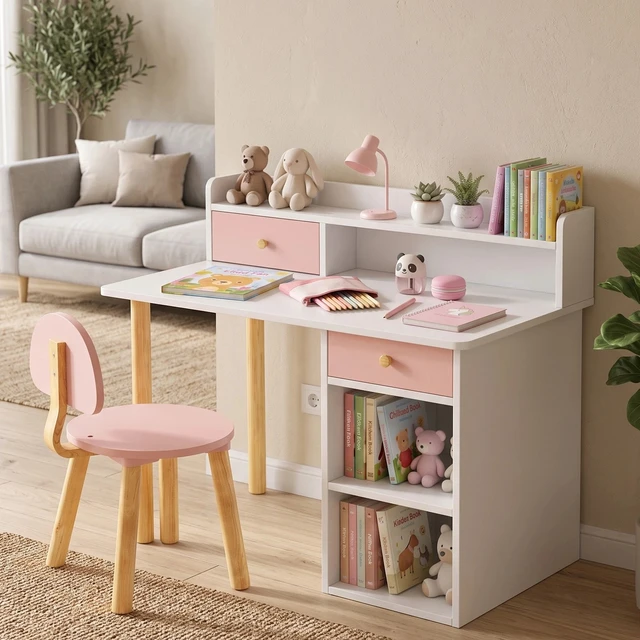Alt view image 3 of 7 - Kids Desk and Chair Set with Storage and Shelves Pink