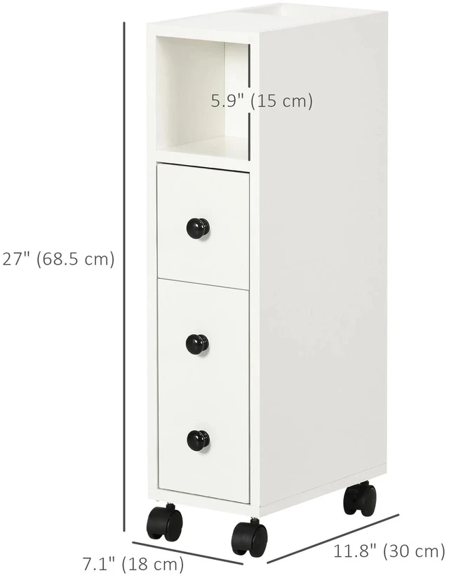 Alt view image 2 of 7 - Slimline Bathroom Storage Unit w/ 2 Drawers 2 Open Compartments Wheels White