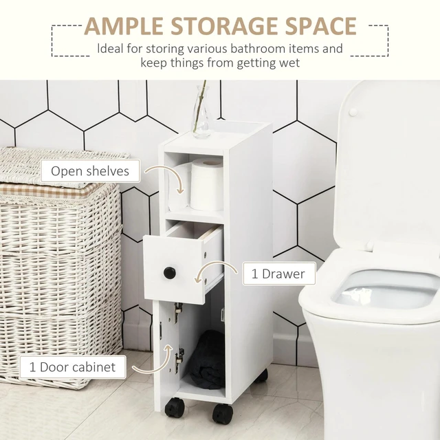 Alt view image 6 of 7 - Slimline Bathroom Storage Unit w/ 2 Drawers 2 Open Compartments Wheels White