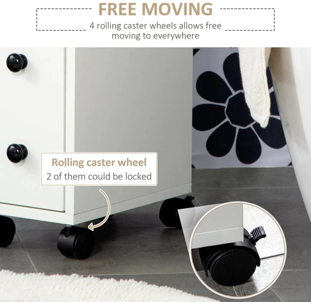 Alt view image 5 of 7 - Slimline Bathroom Storage Unit w/ 2 Drawers 2 Open Compartments Wheels White