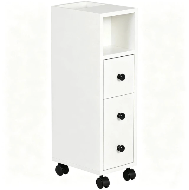 Main image of Slimline Bathroom Storage Unit w/ 2 Drawers 2 Open Compartments Wheels White